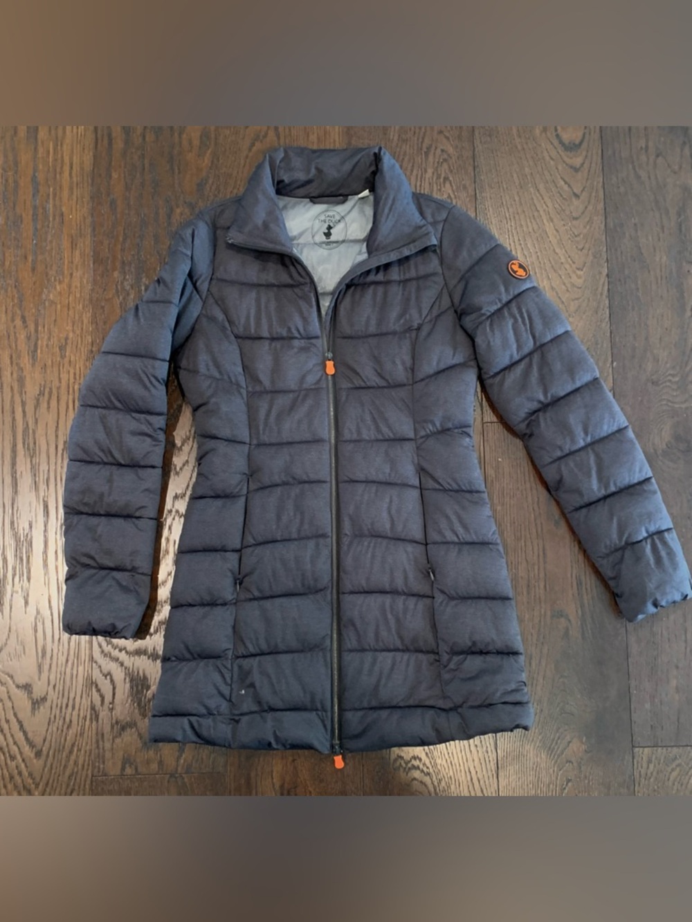 SAVE THE DUCK Women's Black Quilted Long Puffer Jacket with Orange Accents